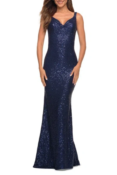 LA FEMME LA FEMME LONG STRETCH SEQUIN GOWN WITH LOW BACK