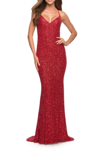 LA FEMME LA FEMME LUXURIOUS SOFT SEQUIN DRESS WITH V NECKLINE