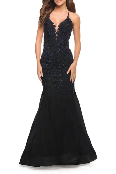 LA FEMME LA FEMME MERMAID TULLE AND LACE JEWELED PROM DRESS