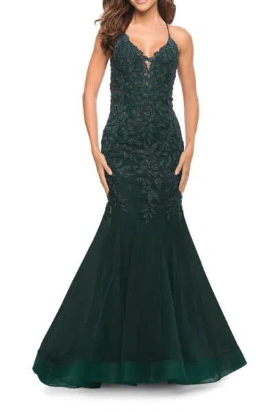 LA FEMME LA FEMME MERMAID TULLE AND LACE JEWELED PROM DRESS