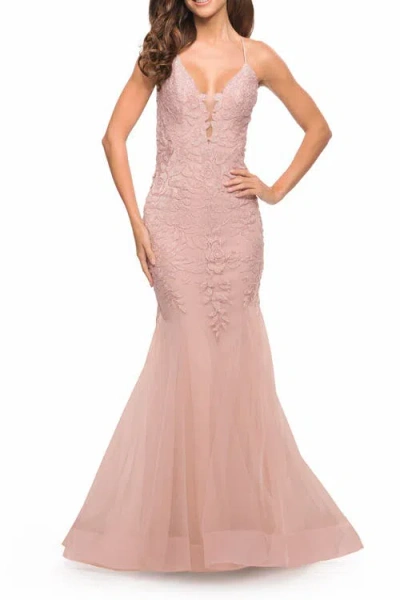 LA FEMME LA FEMME MERMAID TULLE AND LACE JEWELED PROM DRESS