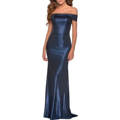 LA FEMME LA FEMME METALLIC JERSEY LONG OFF THE SHOULDER PROM DRESS