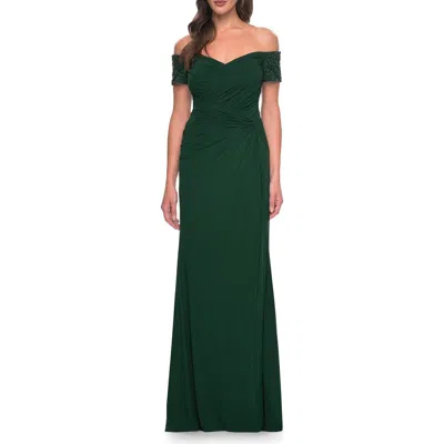 LA FEMME LA FEMME NET JERSEY LONG GOWN WITH EXQUISITE BEADED DESIGN