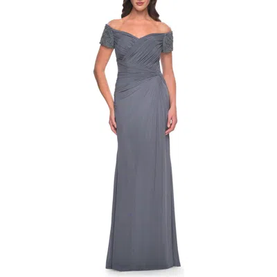 LA FEMME LA FEMME NET JERSEY LONG GOWN WITH EXQUISITE BEADED DESIGN