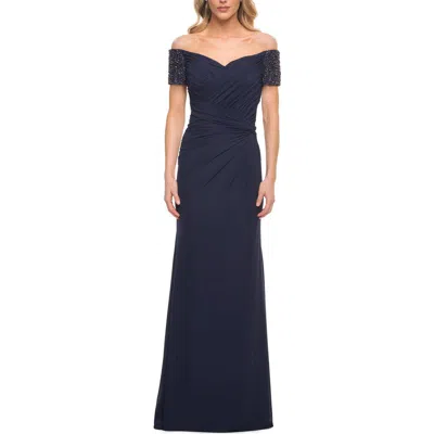 LA FEMME LA FEMME NET JERSEY LONG GOWN WITH EXQUISITE BEADED DESIGN