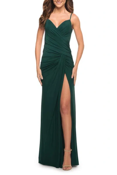 LA FEMME LA FEMME NET JERSEY LONG RUCHED GOWN WITH SLIT AND OPEN BACK