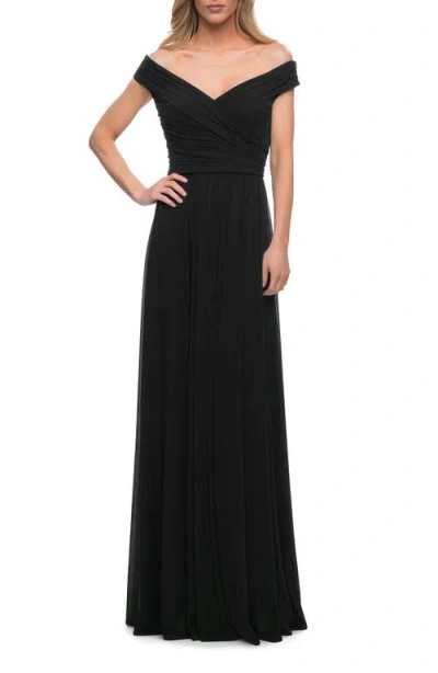 LA FEMME LA FEMME OFF THE SHOULDER NET JERSEY LONG DRESS WITH RUCHING