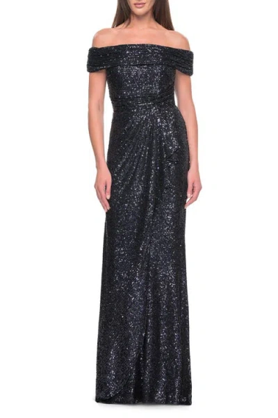 LA FEMME LA FEMME OFF THE SHOULDER SEQUIN GOWN WITH RUCHING