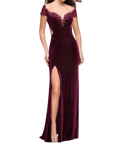 LA FEMME OFF THE SHOULDER VELVET LONG DRESS IN WINE