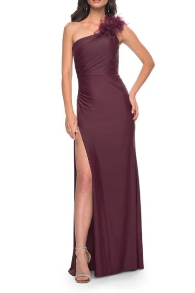 LA FEMME LA FEMME ONE SHOULDER JERSEY GOWN WITH FEATHER DETAIL