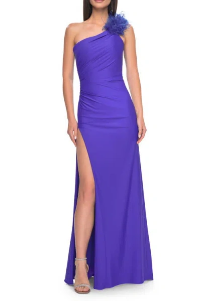 LA FEMME LA FEMME ONE SHOULDER JERSEY GOWN WITH FEATHER DETAIL
