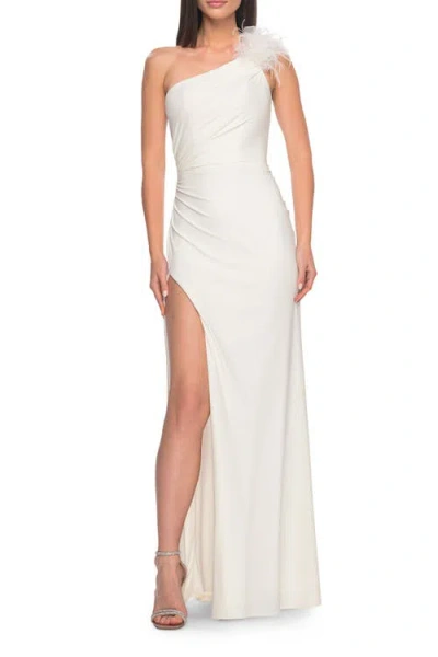LA FEMME LA FEMME ONE SHOULDER JERSEY GOWN WITH FEATHER DETAIL