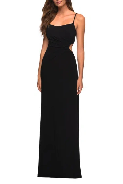 LA FEMME LA FEMME PROM DRESS WITH SIDE CUT OUT AND HIGH SIDE SLIT