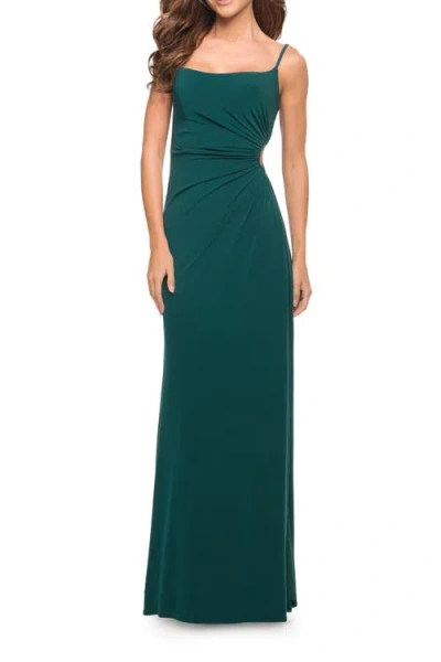 LA FEMME LA FEMME PROM DRESS WITH SIDE CUT OUT AND HIGH SIDE SLIT