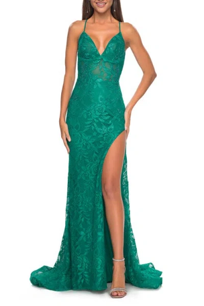 LA FEMME LA FEMME RHINESTONE LACE EMBELLISHED PROM DRESS WITH HIGH SIDE SLIT