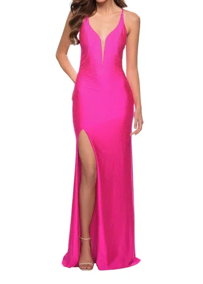 LA FEMME RHINESTONE PLUNGE NECK GOWN IN NEON PINK
