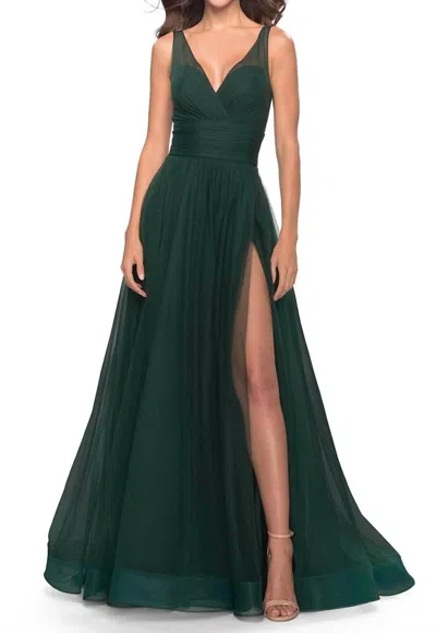 LA FEMME RUCHED A-LINE TULLE LONG DRESS IN EMERALD