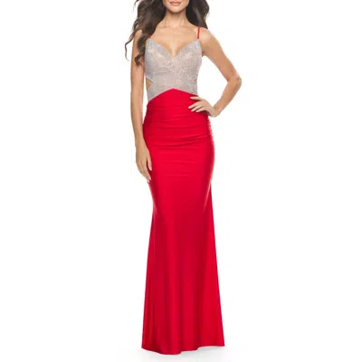 LA FEMME LA FEMME RUCHED GOWN WITH RHINESTONE BODICE AND SIDE CUTOUTS
