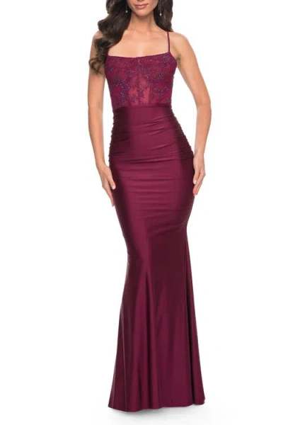 LA FEMME LA FEMME RUCHED JERSEY DRESS WITH ILLUSION CORSET LACE TOP