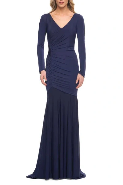LA FEMME LA FEMME RUCHED JERSEY EVENING GOWN WITH LONG SLEEVES