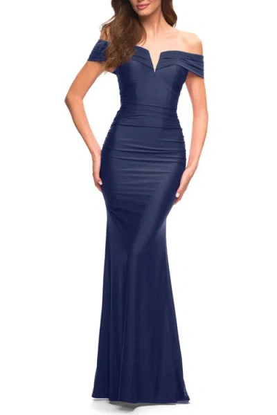 LA FEMME LA FEMME RUCHED OFF THE SHOULDER GOWN WITH V NECKLINE