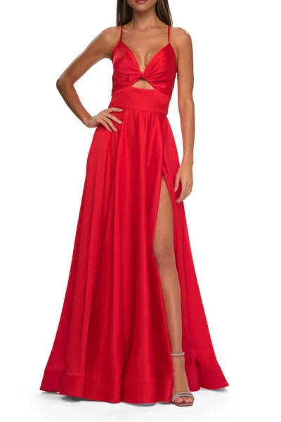 LA FEMME LA FEMME SATIN A-LINE GOWN WITH CUT OUT AND TWIST BODICE