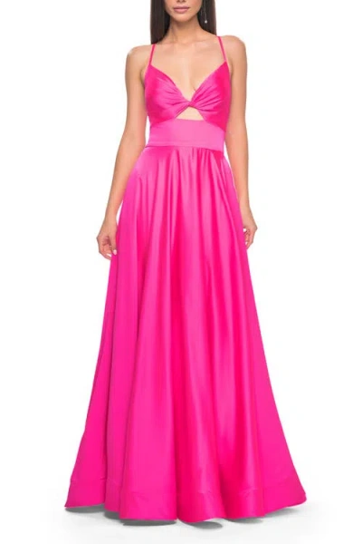 LA FEMME LA FEMME SATIN A-LINE GOWN WITH CUT OUT AND TWIST BODICE