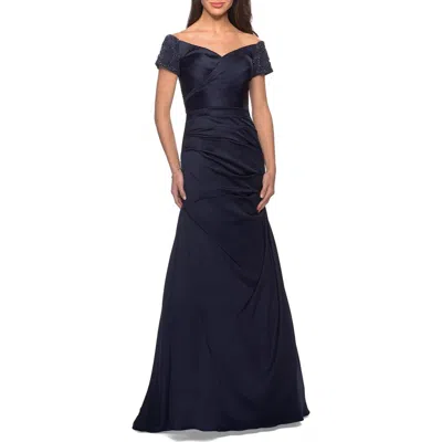 LA FEMME LA FEMME SATIN OFF THE SHOULDER DRESS WITH BEADED SLEEVES