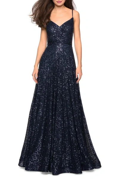 LA FEMME LA FEMME SEQUIN EMPIRE WAIST PROM DRESS WITH V BACK