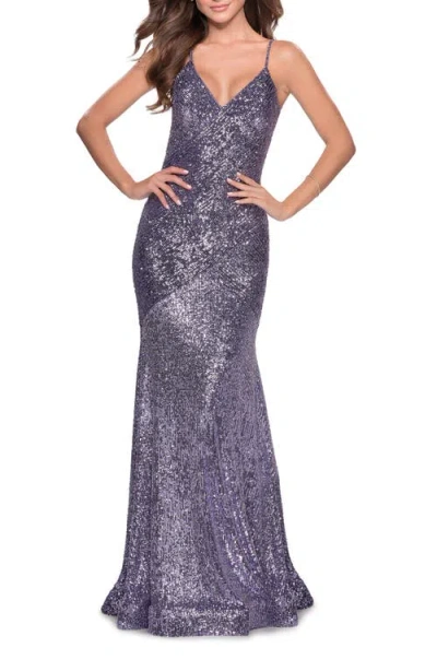 LA FEMME LA FEMME SEQUIN PROM GOWN WITH DROP WAIST AND V-NECKLINE