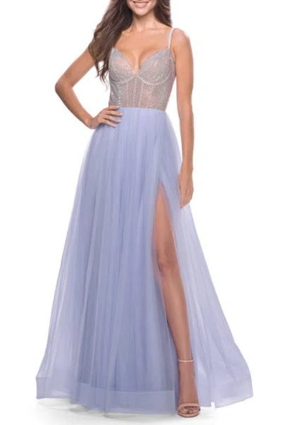 LA FEMME LA FEMME SHEER RHINESTONE BODICE A-LINE TULLE GOWN