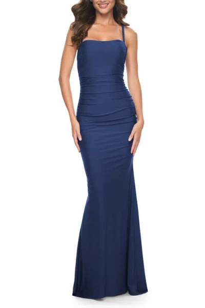 LA FEMME LA FEMME SIMPLE RUCHED JERSEY DRESS WITH LACE UP BACK