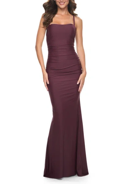 LA FEMME LA FEMME SIMPLE RUCHED JERSEY DRESS WITH LACE UP BACK