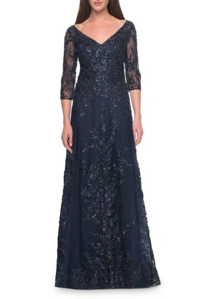 LA FEMME LA FEMME STUNNING EVENING GOWN WITH LACE BEADED DESIGN