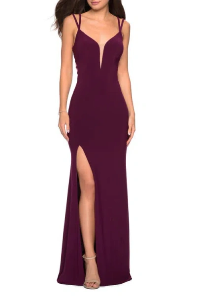 LA FEMME LA FEMME SULTRY LONG DRESS WITH INTRICATE STRAPPY BACK