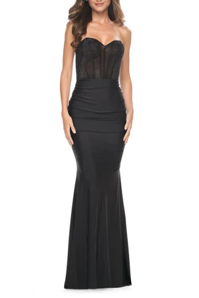 LA FEMME LA FEMME SWEETHEART RHINESTONE FISHNET BODICE DRESS WITH FITTED SKIRT