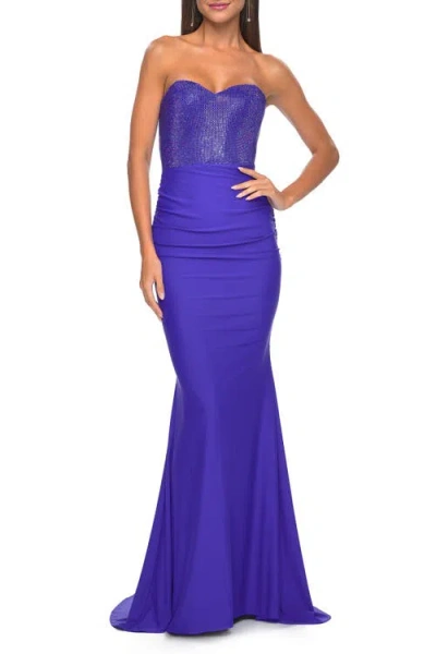 LA FEMME LA FEMME SWEETHEART RHINESTONE FISHNET BODICE DRESS WITH FITTED SKIRT