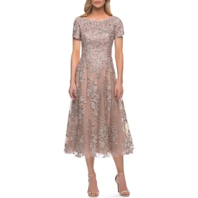 LA FEMME LA FEMME TEA LENGTH MOTHER OF THE BRIDE DRESS WITH SHORT SLEEVES