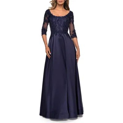 LA FEMME LA FEMME THREE QUARTER SLEEVE GOWN WITH LACE SHEER BACK