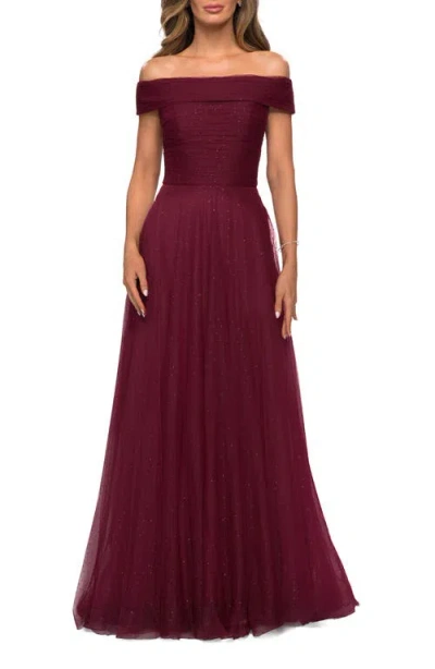 LA FEMME LA FEMME TULLE OFF THE SHOULDER A-LINE DRESS WITH RHINESTONES