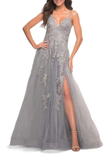 LA FEMME LA FEMME TULLE PROM DRESS WITH LACE DETAIL