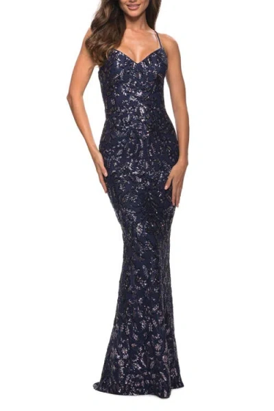LA FEMME LA FEMME UNIQUE PRINT SEQUIN GOWN WITH OPEN LACE UP BACK