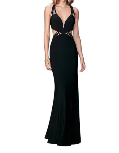 LA FEMME V NECK JERSEY GOWN IN BLACK