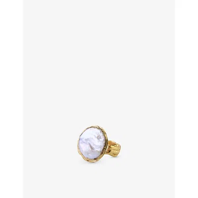 LA MAISON COUTURE WOMENS WHITE ECE LONDON THE APHRODITE BAROQUE 22CT YELLOW GOLD VERMEIL ZIRCON AND PEARL RING