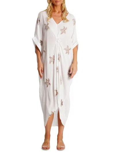LA MODA CLOTHING WOMEN'S EMBROIDERED STARFISH FRONT-KNOT KAFTAN