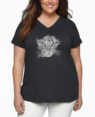 LA POP ART PLUS SIZE CAT FACE WORD ART V-NECK T-SHIRT