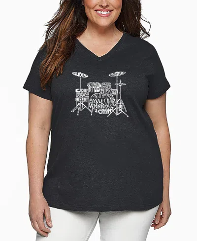 LA POP ART PLUS SIZE DRUMS WORD ART V-NECK T-SHIRT
