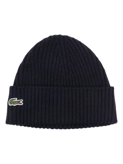 LACOSTE LOGO-PATCH RIBBED-KNIT BEANIE