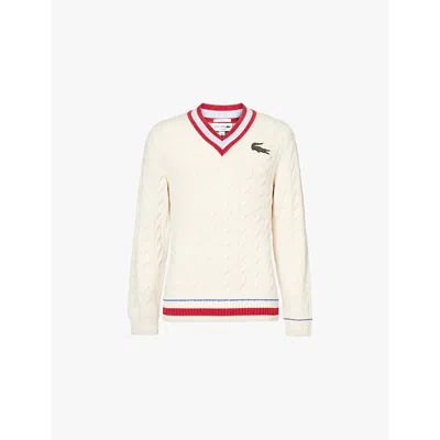 LACOSTE LACOSTE MEN'S OFF WHITE BIG CROCODILE-EMBROIDERED COTTON-KNITTED JUMPER