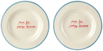 LAETITIA ROUGET BLUE & WHITE 'OPEN FOR DODGY BUSINESS' DESSERT PLATE SET